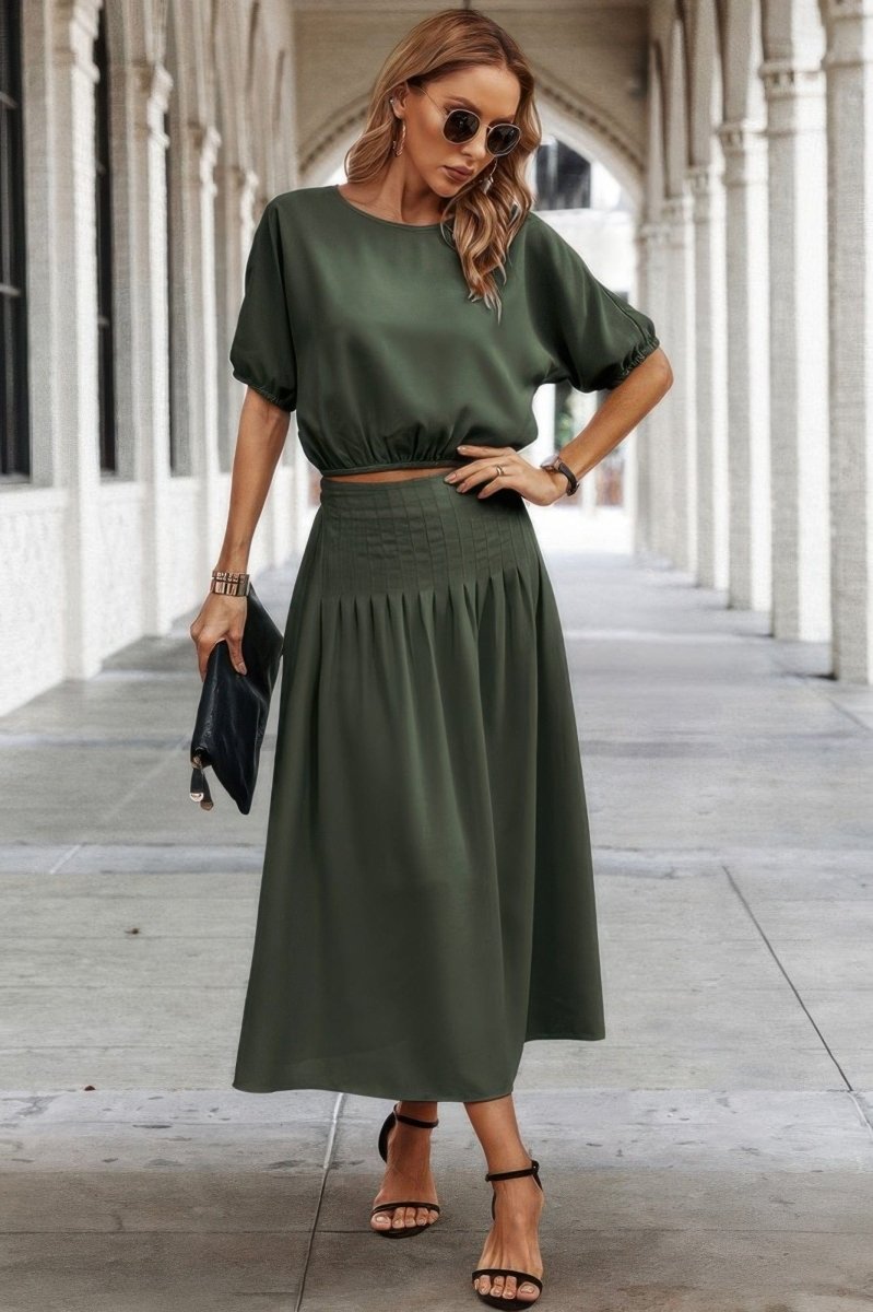 Two Pieces Solid Color Loose Puff Sleeve Pleated Shirt - Demented Sisters