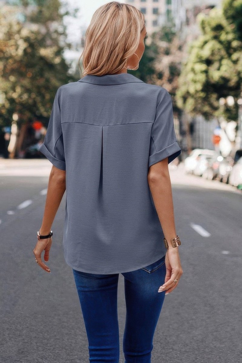 V Neck Button Down Roll Up Sleeve Loose Pocket Blouse - Demented Sisters