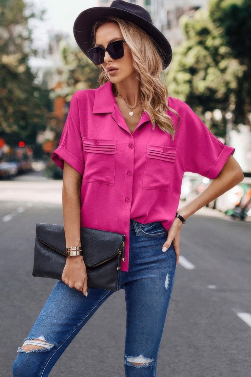 V Neck Button Down Roll Up Sleeve Loose Pocket Blouse - Demented Sisters