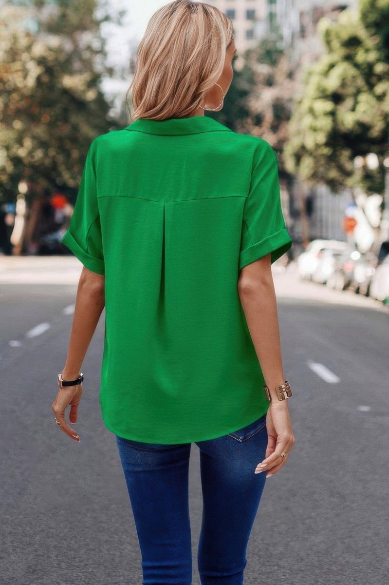 V Neck Button Down Roll Up Sleeve Loose Pocket Blouse - Demented Sisters