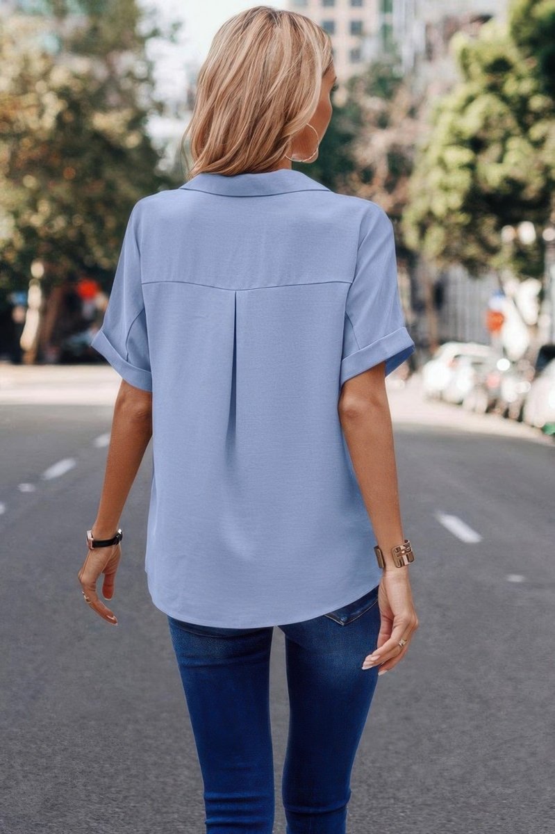 V Neck Button Down Roll Up Sleeve Loose Pocket Blouse - Demented Sisters