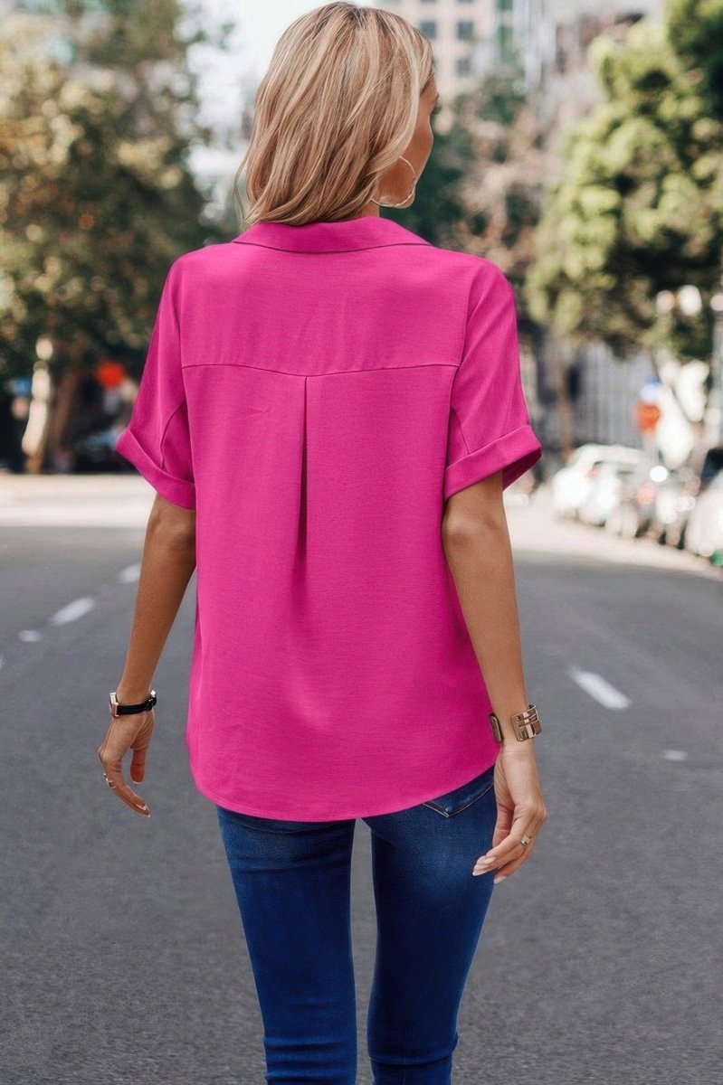 V Neck Button Down Roll Up Sleeve Loose Pocket Blouse - Demented Sisters