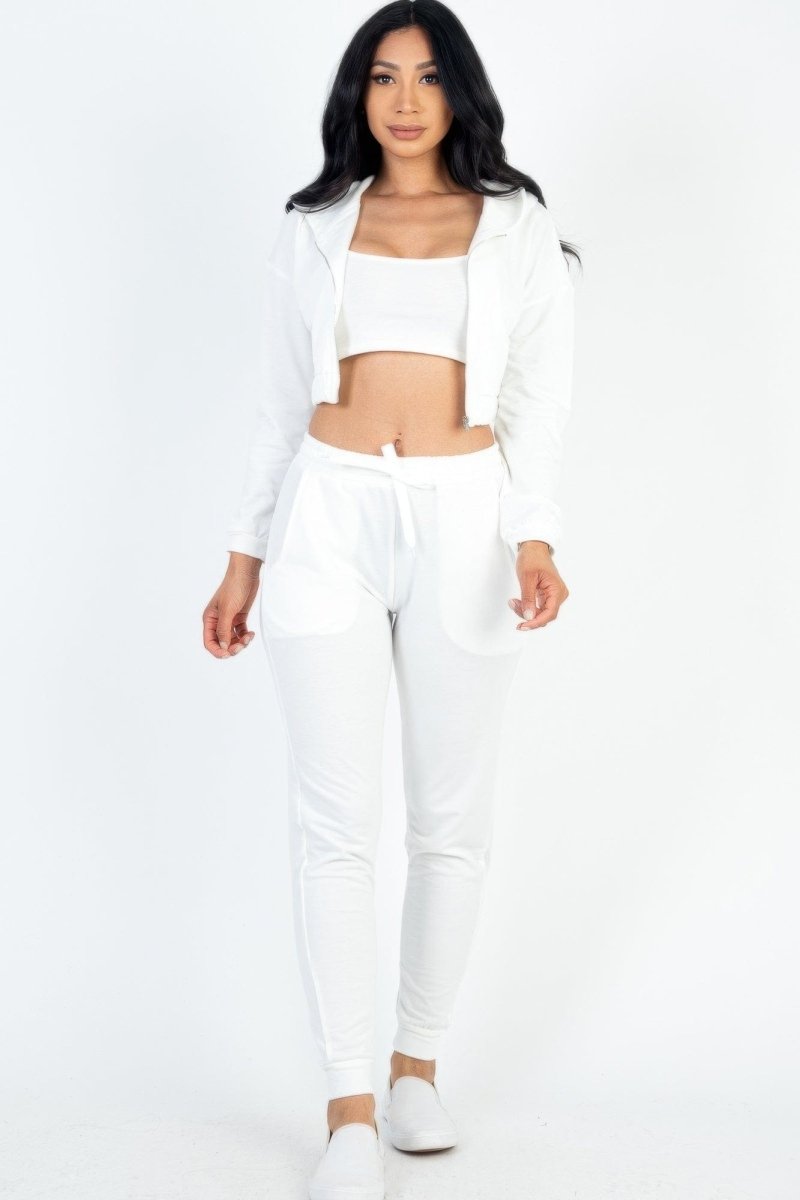French Terry 3 - Piece Lounge Set with Cropped Cami, Zip Jacket & Joggers - Demented Sisters