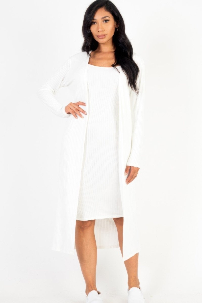 Ribbed Cardigan & Cami Dress Set – 2 - Piece Stretch Midi Bodycon with Soft Knit - Demented Sisters