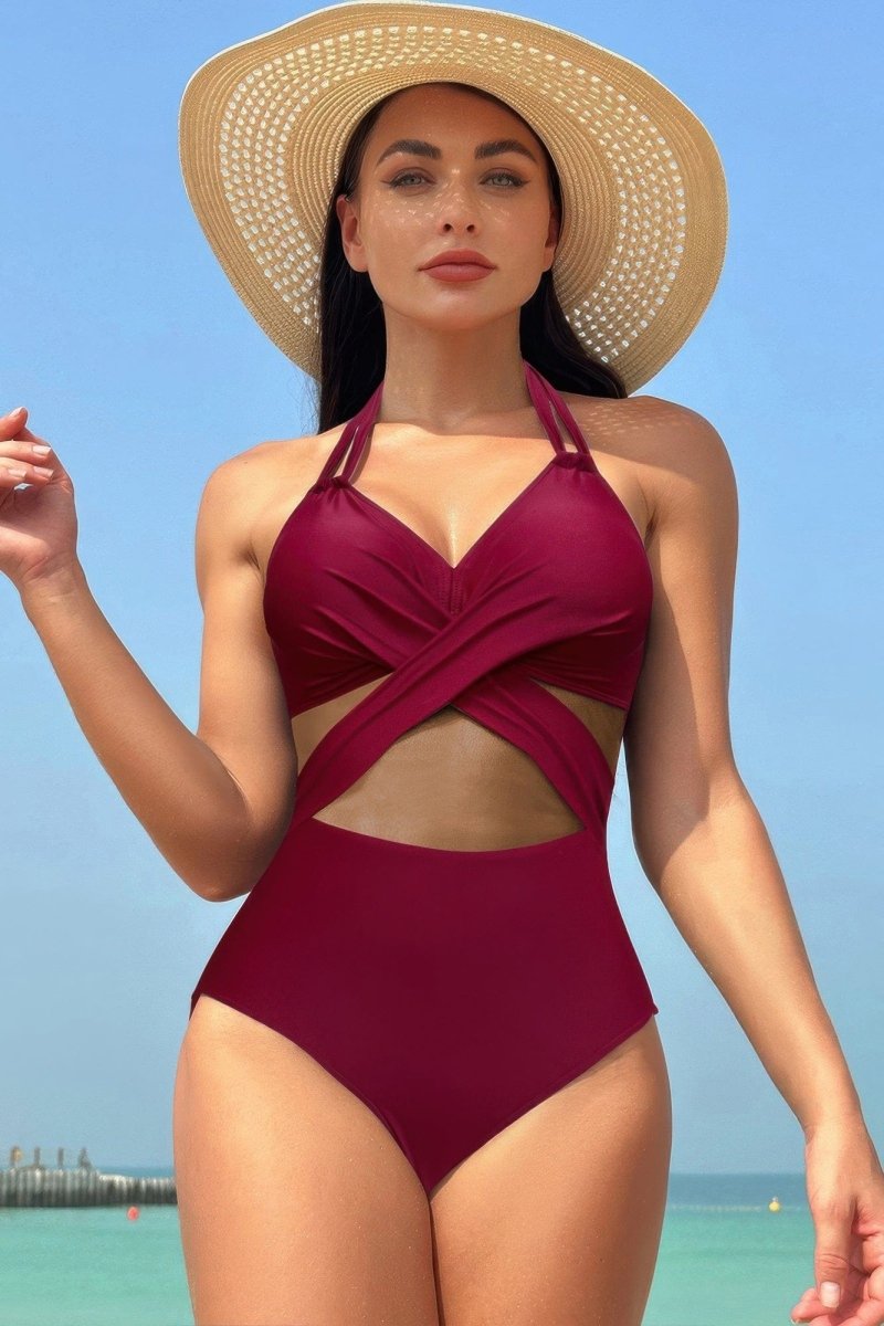 Color Block Halter Swimsuit – Sporty - Chic One - Piece with Cross Lace Detail - Demented Sisters