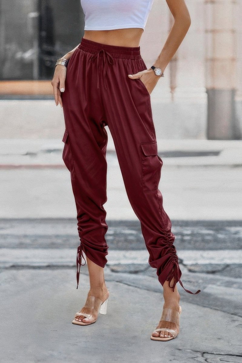 Solid Stacked Hem Pants with Flap Pockets & Drawstring Cuffs - Demented Sisters