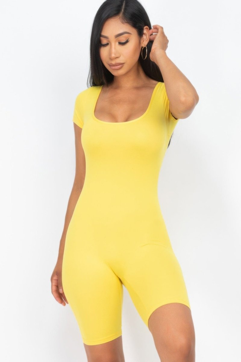 Short Sleeve Scoop Neck Bodycon Romper – Stretchy, Sleek & Curve - Hugging - Demented Sisters