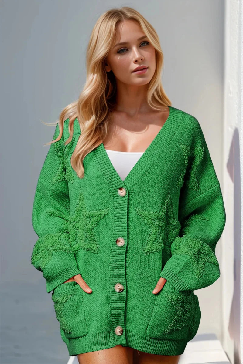 Double Take Full Size Button Up Star Pattern Cardigan - Demented Sisters