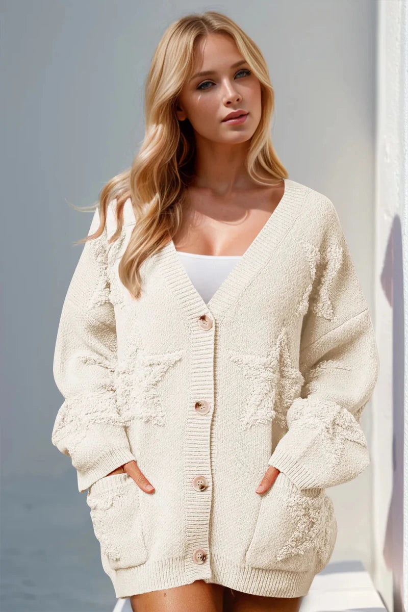 Double Take Full Size Button Up Star Pattern Cardigan - Demented Sisters