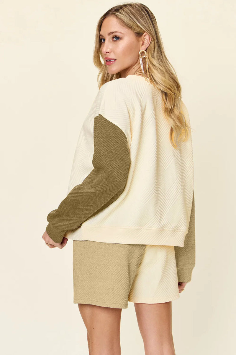 Double Take Full Size Contrast Drop Shoulder Top and Shorts Set - Demented Sisters