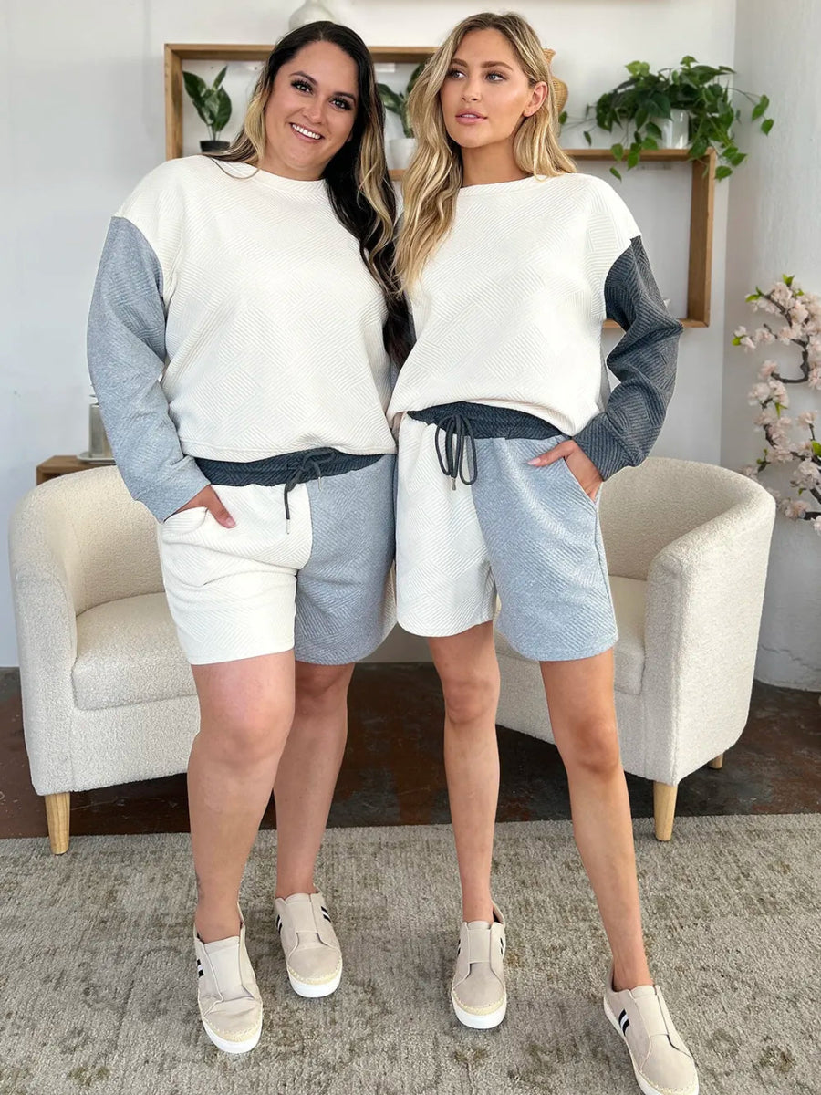 Double Take Full Size Contrast Drop Shoulder Top and Shorts Set - Demented Sisters