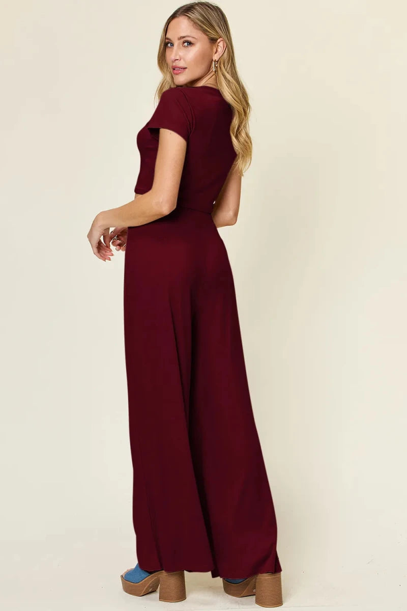 Double Take Full Size Round Neck Top and Pants Set - Demented Sisters