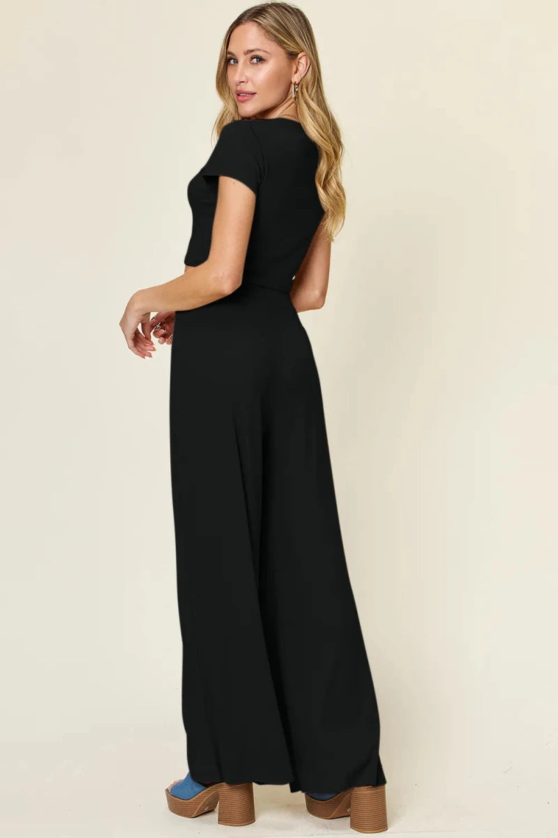 Double Take Full Size Round Neck Top and Pants Set - Demented Sisters