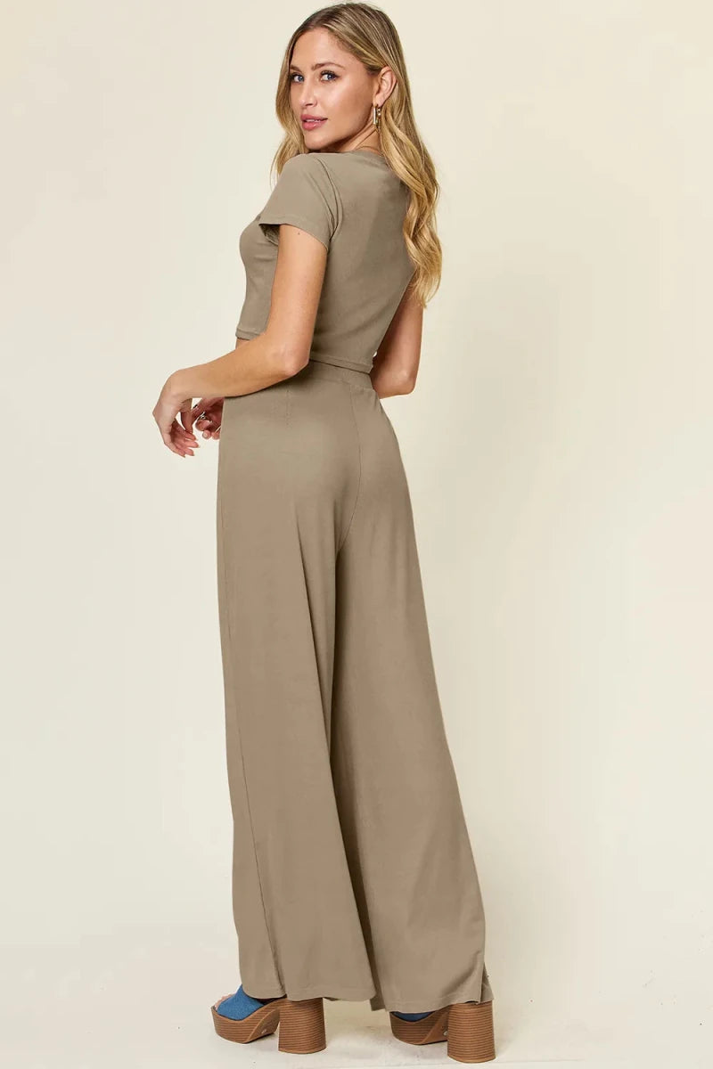 Double Take Full Size Round Neck Top and Pants Set - Demented Sisters