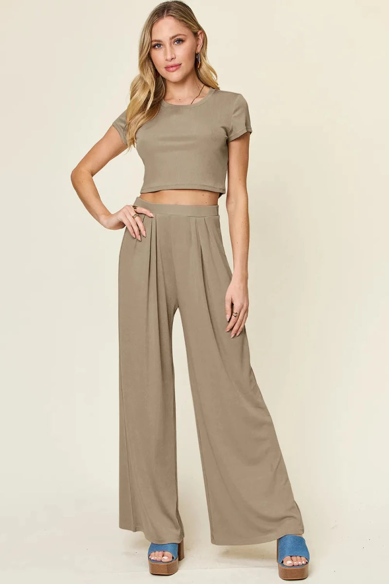 Double Take Full Size Round Neck Top and Pants Set - Demented Sisters