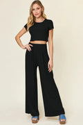 Double Take Full Size Round Neck Top and Pants Set - Demented Sisters