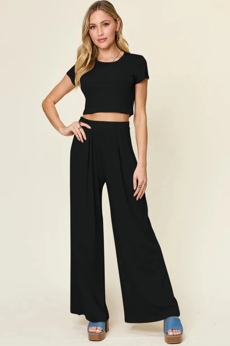 Double Take Full Size Round Neck Top and Pants Set - Demented Sisters