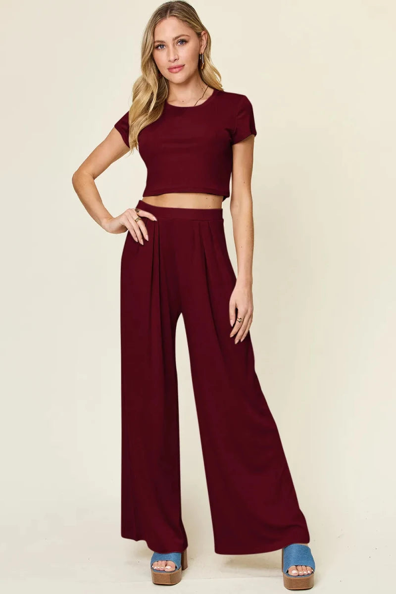 Double Take Full Size Round Neck Top and Pants Set - Demented Sisters