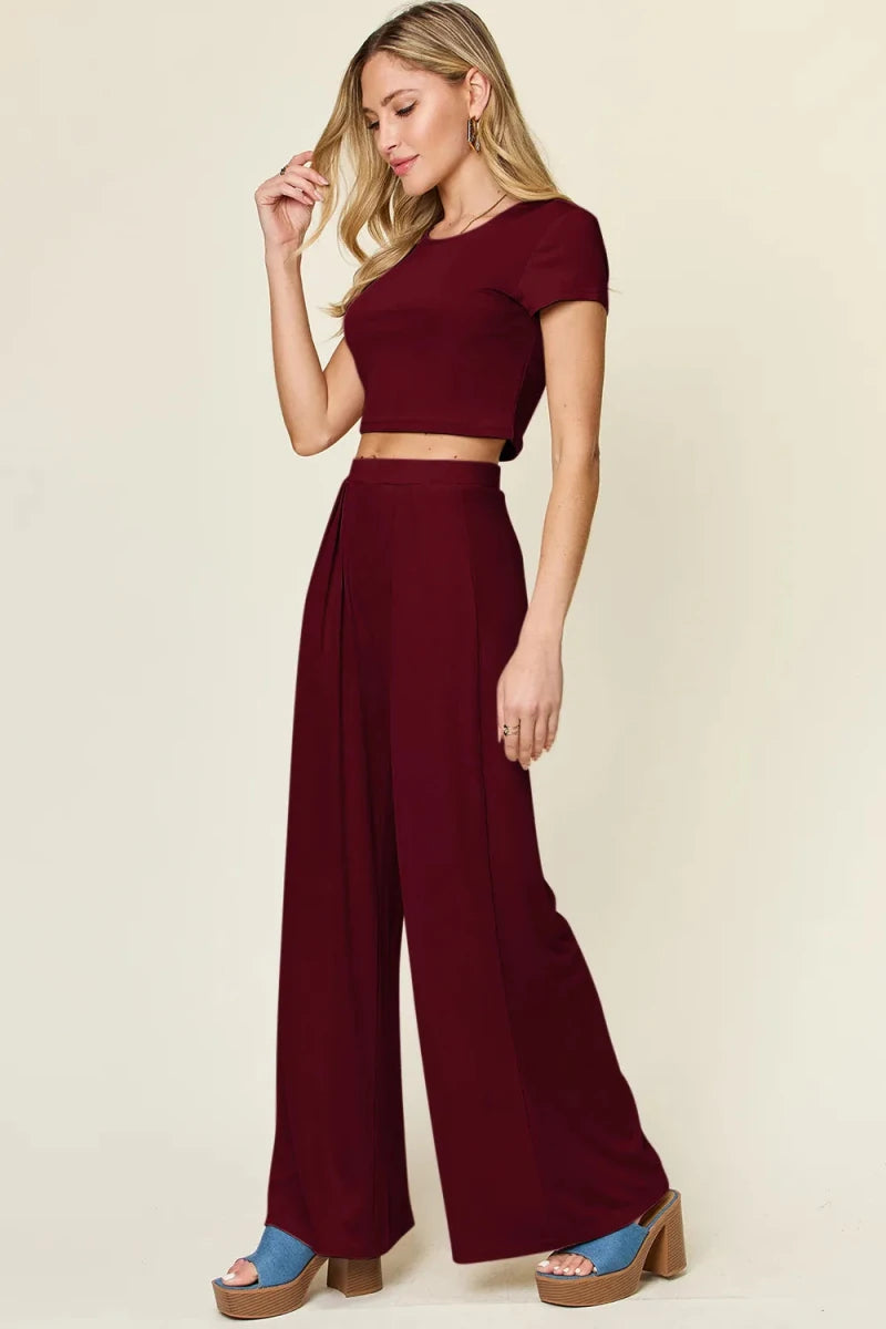 Double Take Full Size Round Neck Top and Pants Set - Demented Sisters