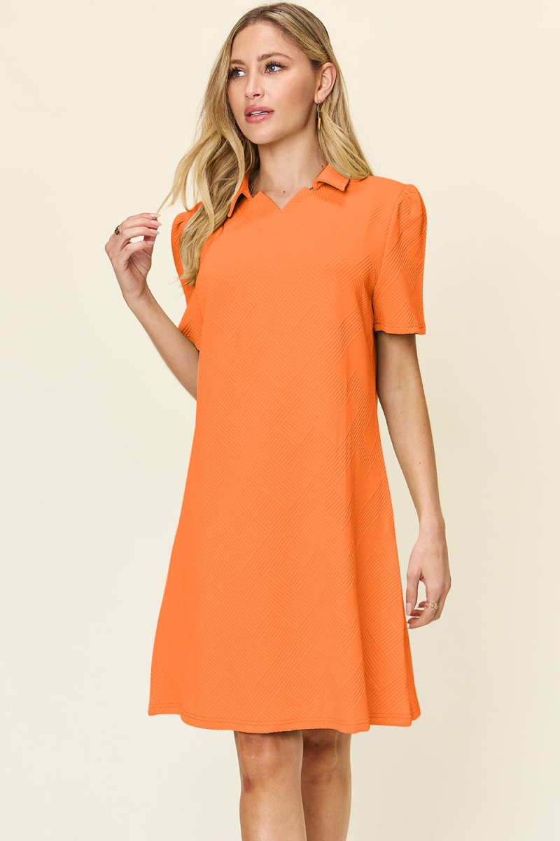 Double Take Full Size Texture Collared Neck Short Sleeve Dress - Demented Sisters