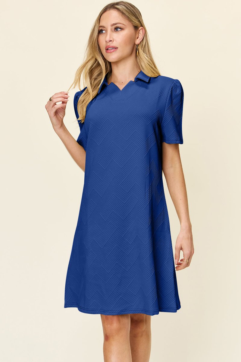 Double Take Full Size Texture Collared Neck Short Sleeve Dress - Demented Sisters