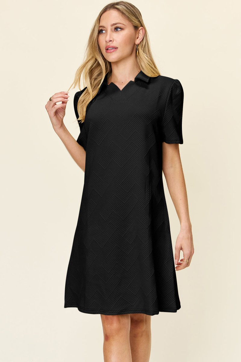 Double Take Full Size Texture Collared Neck Short Sleeve Dress - Demented Sisters