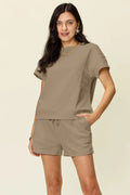 Double Take Full Size Texture Short Sleeve T-Shirt and Drawstring Shorts Set - Demented Sisters