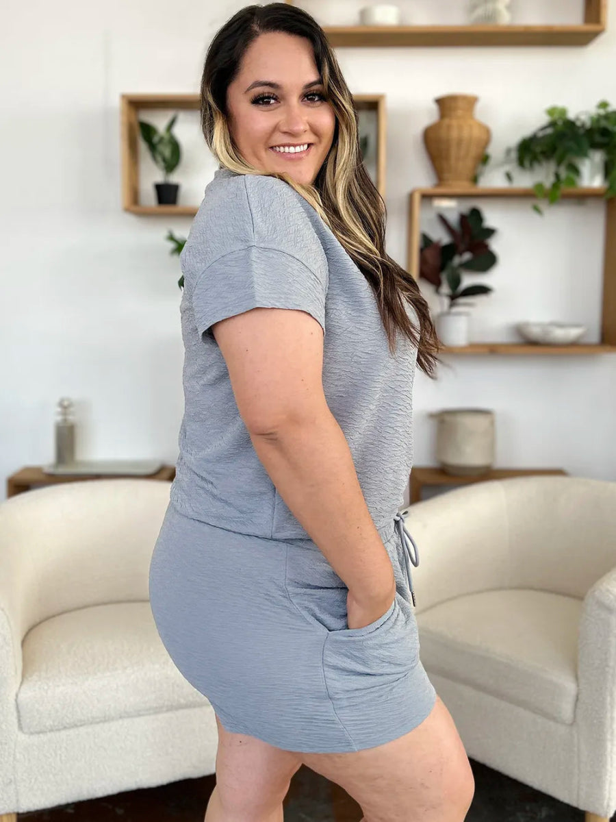 Double Take Full Size Texture Short Sleeve T-Shirt and Drawstring Shorts Set - Demented Sisters