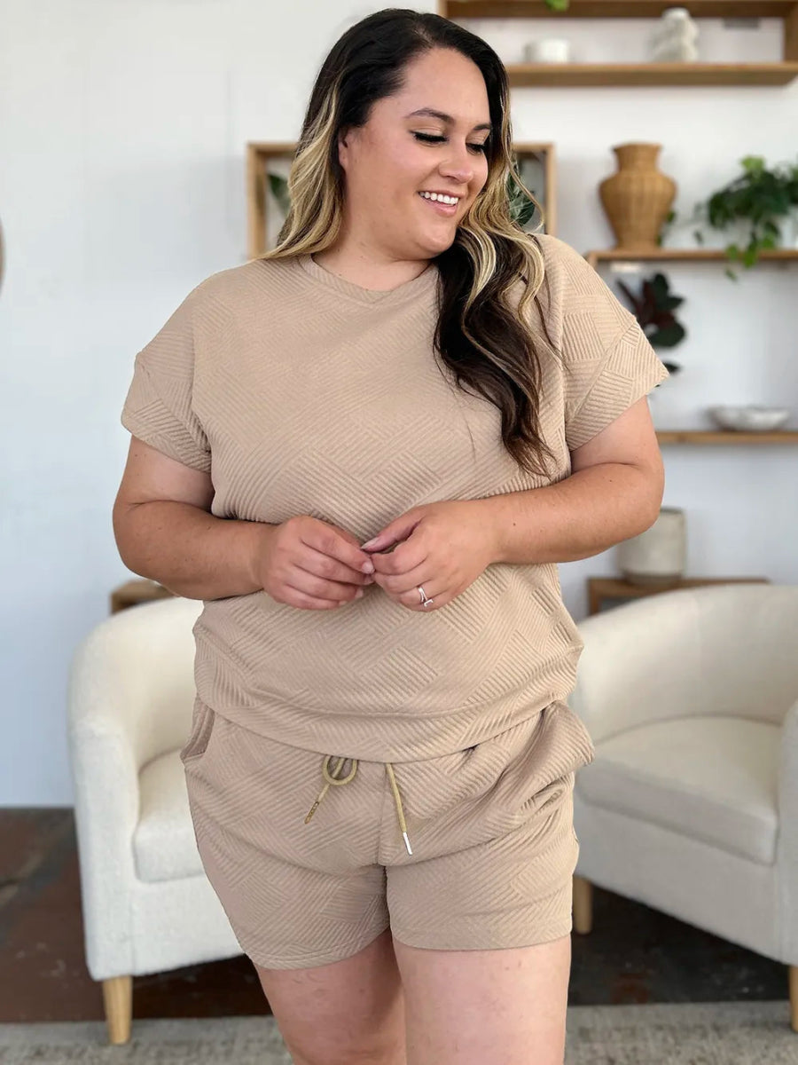 Double Take Full Size Texture Short Sleeve T-Shirt and Drawstring Shorts Set - Demented Sisters