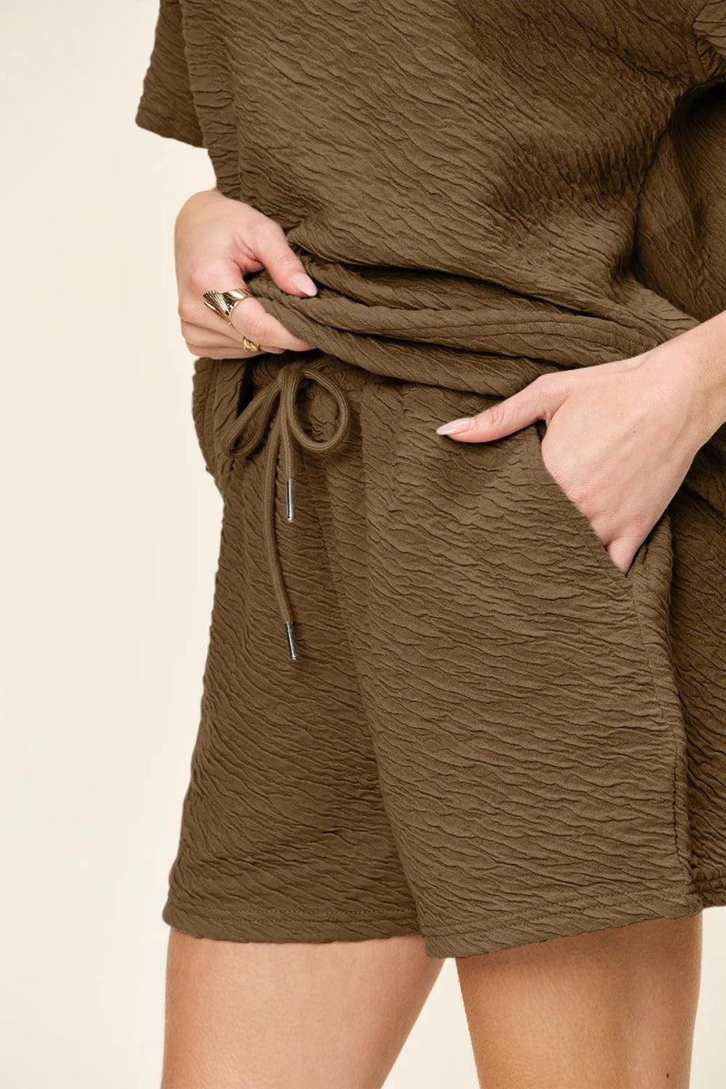 Double Take Full Size Texture Short Sleeve T-Shirt and Drawstring Shorts Set - Demented Sisters