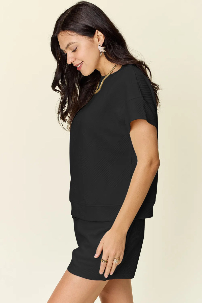Double Take Full Size Texture Short Sleeve T-Shirt and Drawstring Shorts Set - Demented Sisters