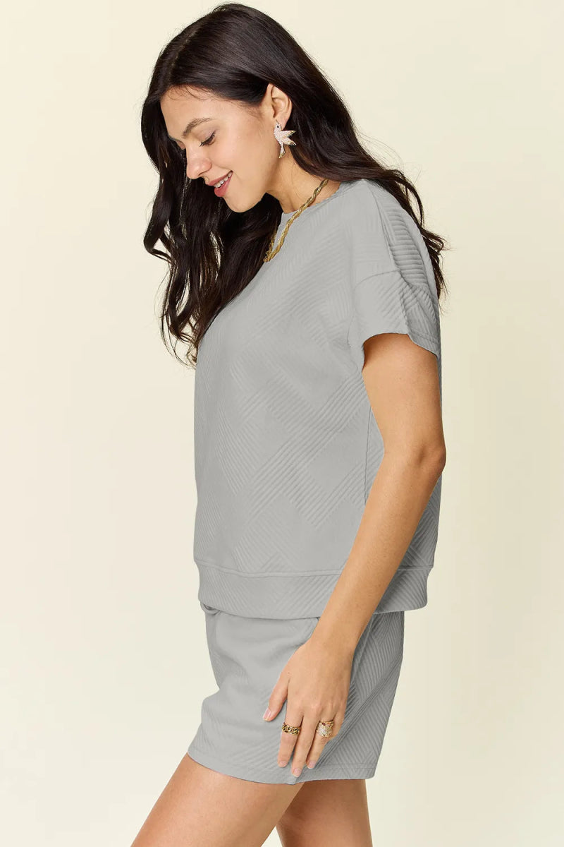 Double Take Full Size Texture Short Sleeve T-Shirt and Drawstring Shorts Set - Demented Sisters