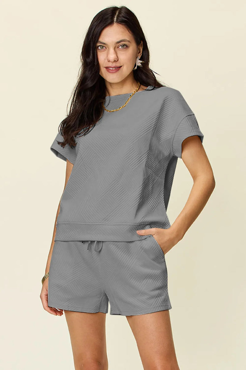 Double Take Full Size Texture Short Sleeve T-Shirt and Drawstring Shorts Set - Demented Sisters