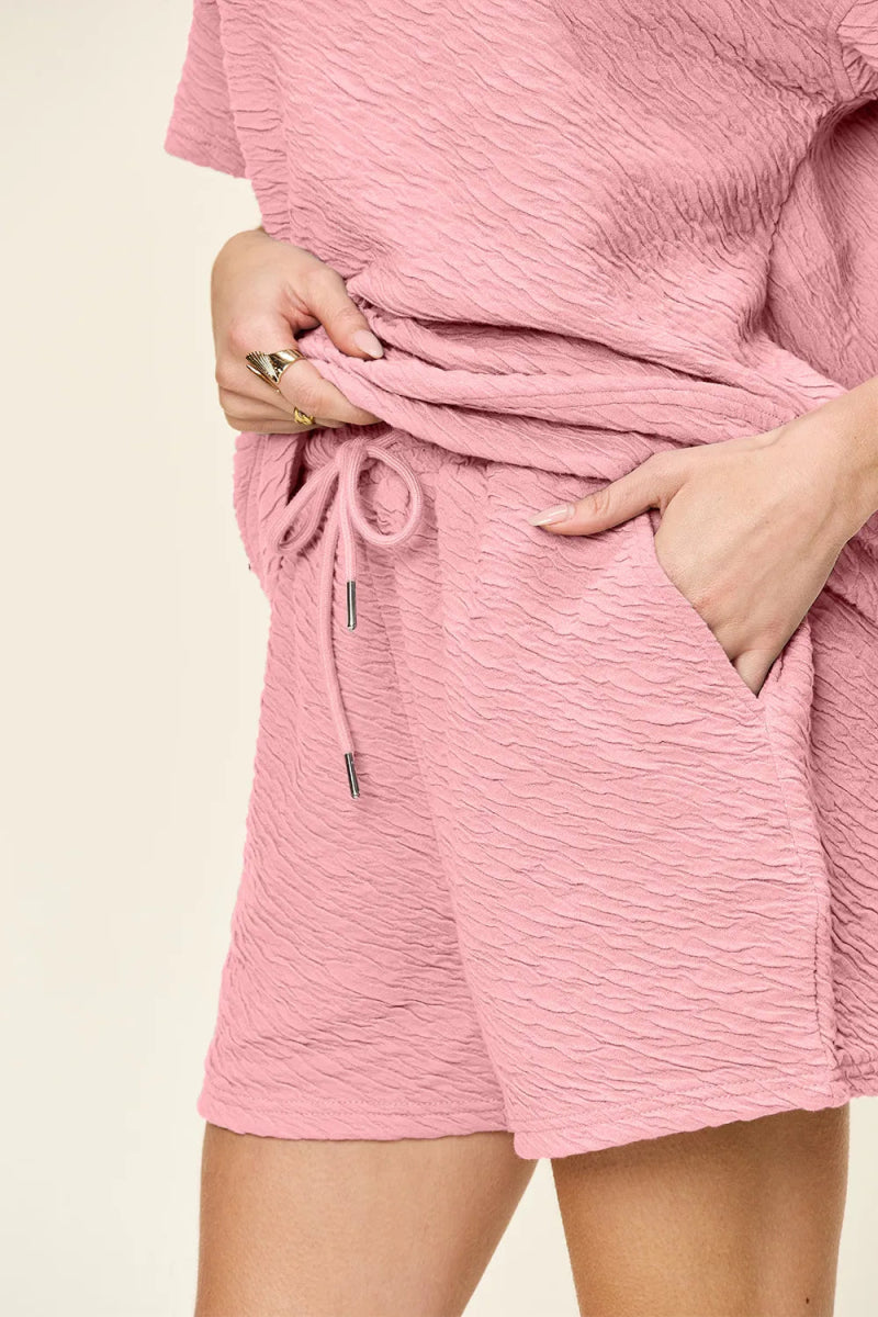 Double Take Full Size Texture Short Sleeve T-Shirt and Drawstring Shorts Set - Demented Sisters