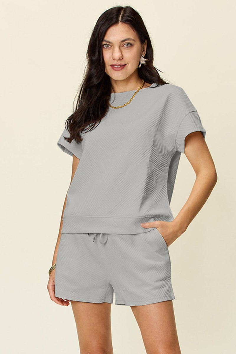 Double Take Full Size Texture Short Sleeve T-Shirt and Drawstring Shorts Set - Demented Sisters
