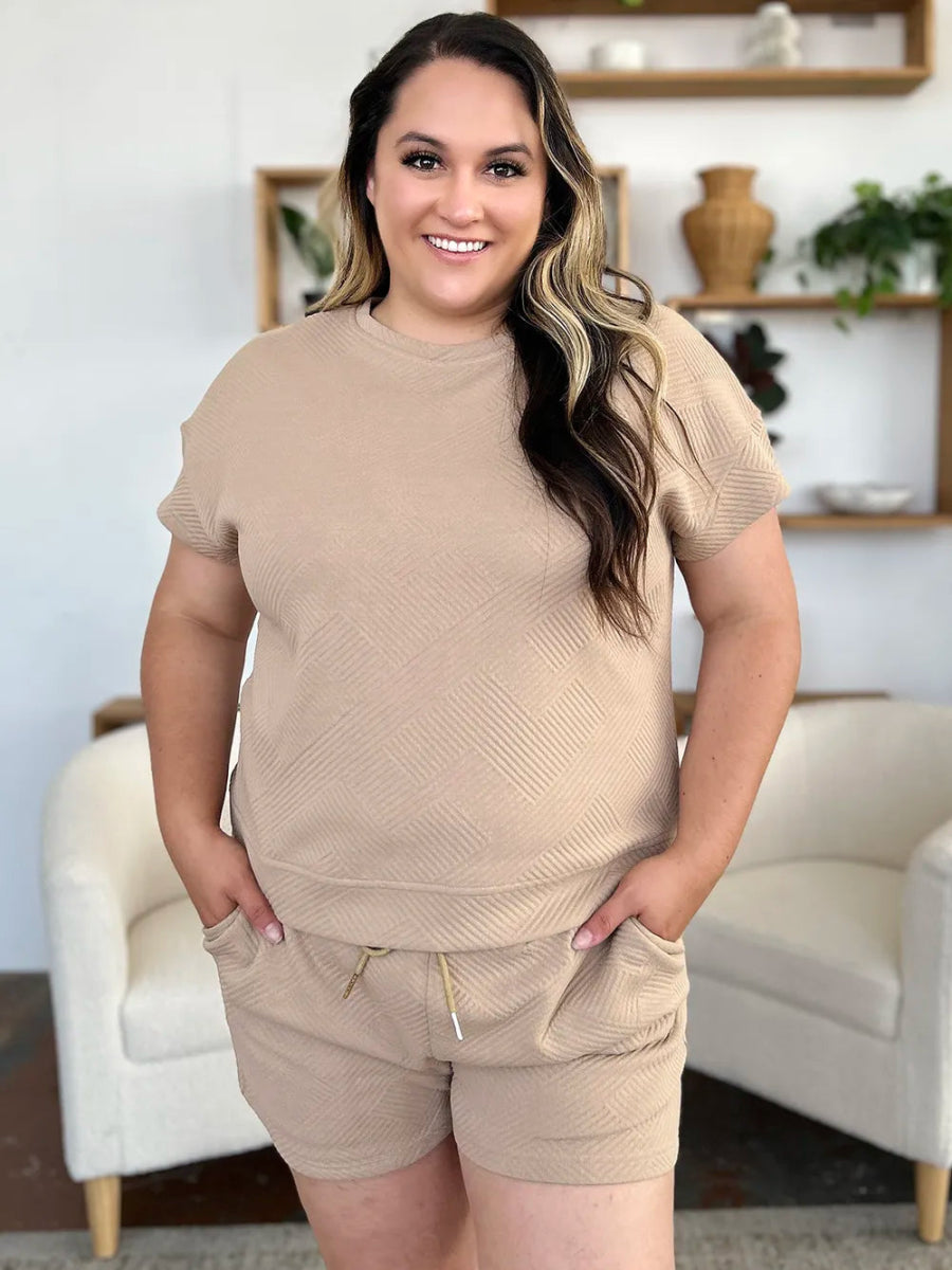 Double Take Full Size Texture Short Sleeve T-Shirt and Drawstring Shorts Set - Demented Sisters