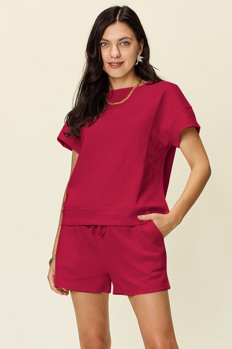 Double Take Full Size Texture Short Sleeve T-Shirt and Drawstring Shorts Set - Demented Sisters