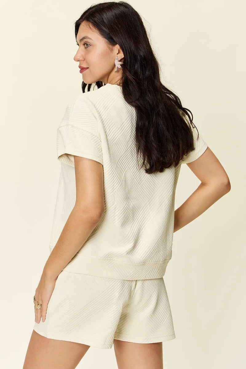 Double Take Full Size Texture Short Sleeve T-Shirt and Drawstring Shorts Set - Demented Sisters