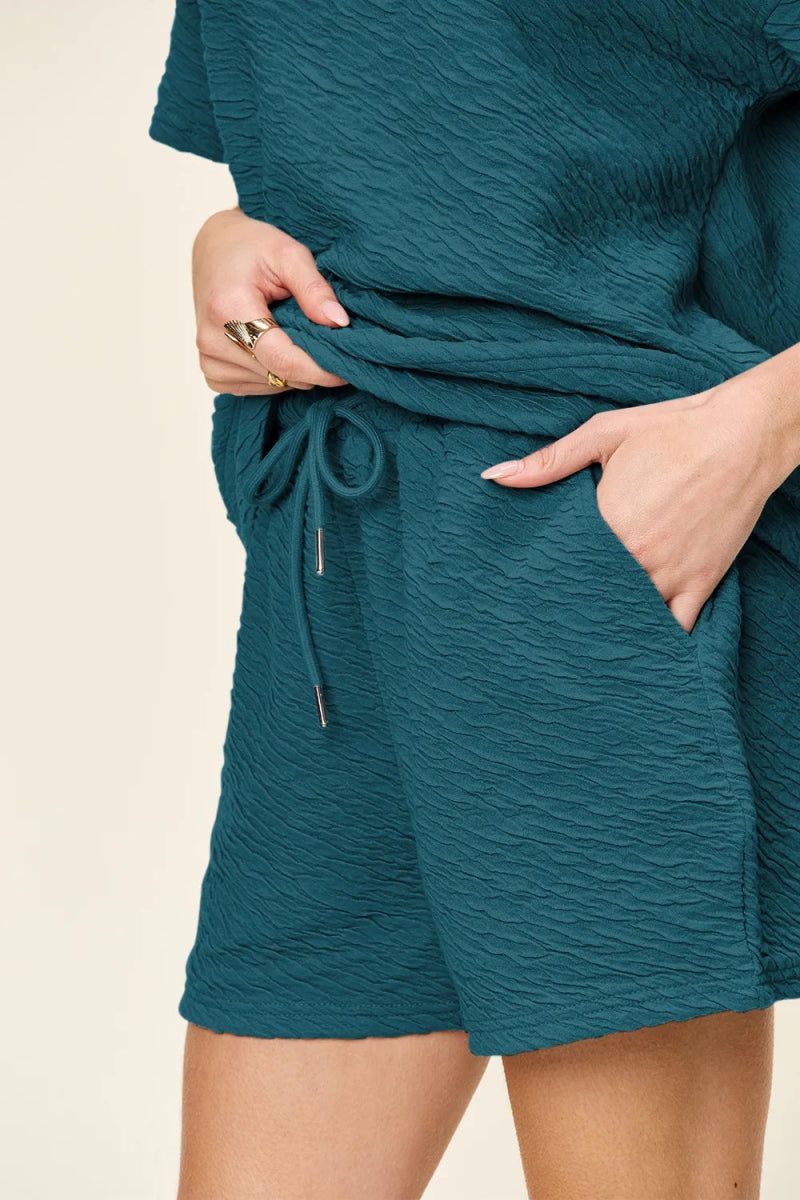 Double Take Full Size Texture Short Sleeve T-Shirt and Drawstring Shorts Set - Demented Sisters