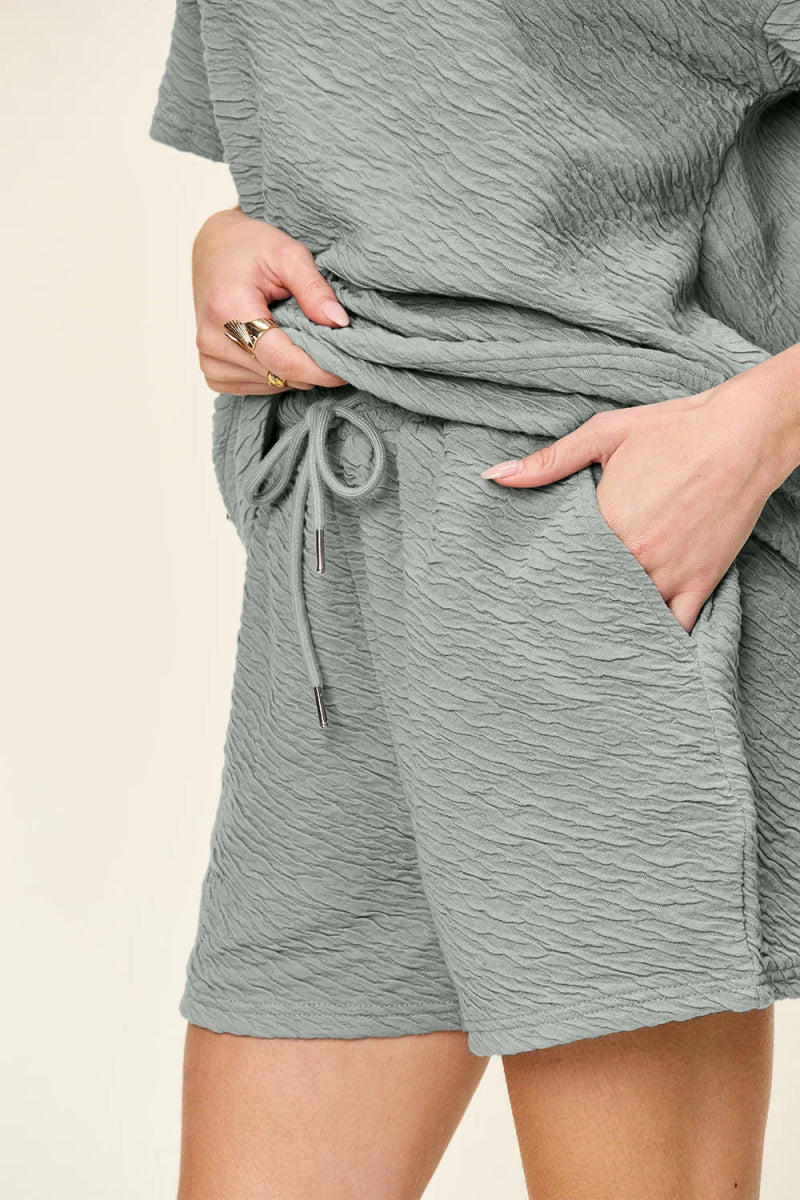 Double Take Full Size Texture Short Sleeve T-Shirt and Drawstring Shorts Set - Demented Sisters