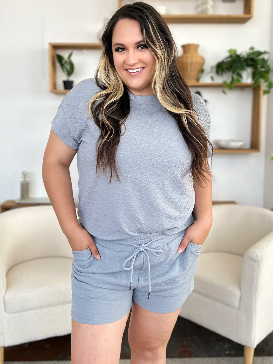 Double Take Full Size Texture Short Sleeve T-Shirt and Drawstring Shorts Set - Demented Sisters