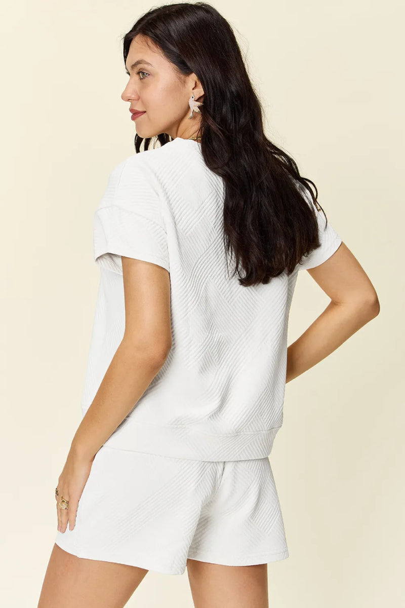Double Take Full Size Texture Short Sleeve T-Shirt and Drawstring Shorts Set - Demented Sisters