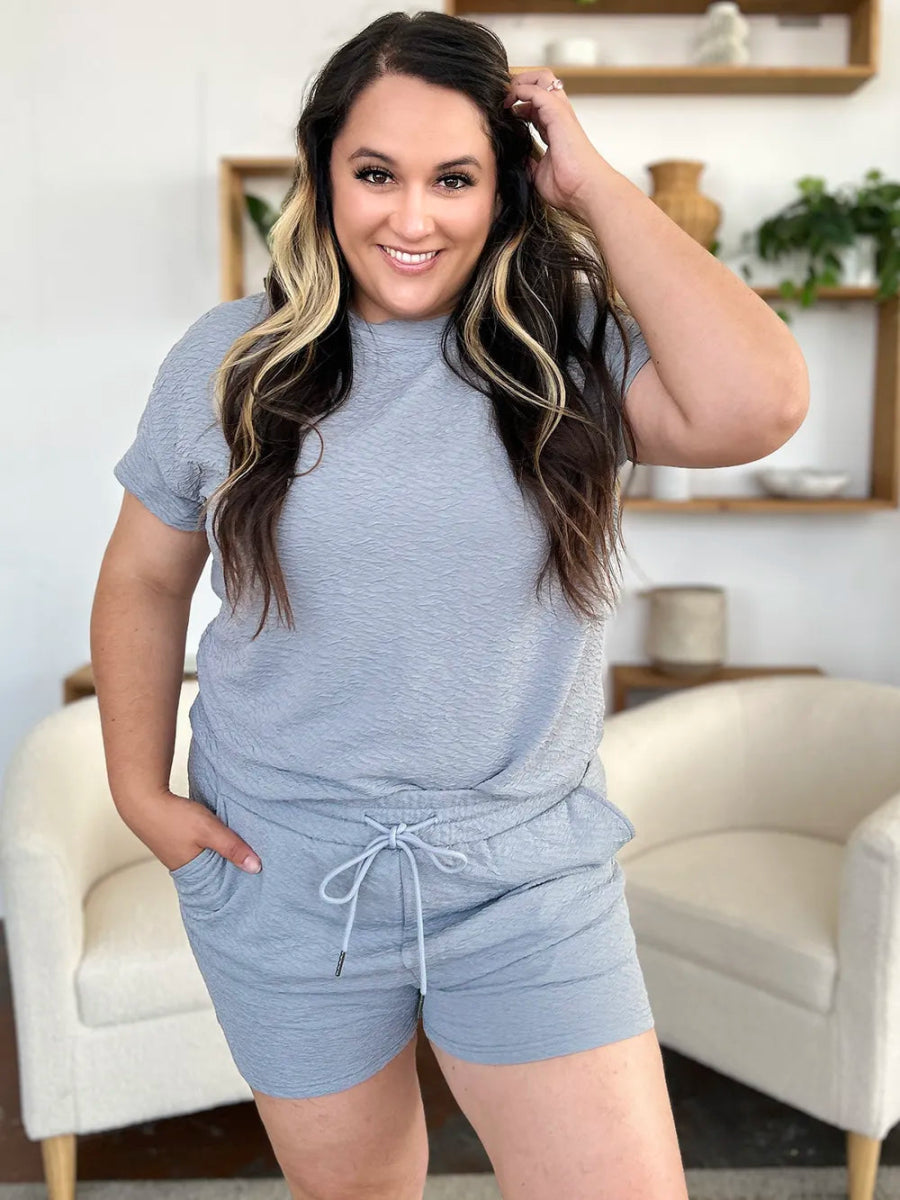 Double Take Full Size Texture Short Sleeve T-Shirt and Drawstring Shorts Set - Demented Sisters