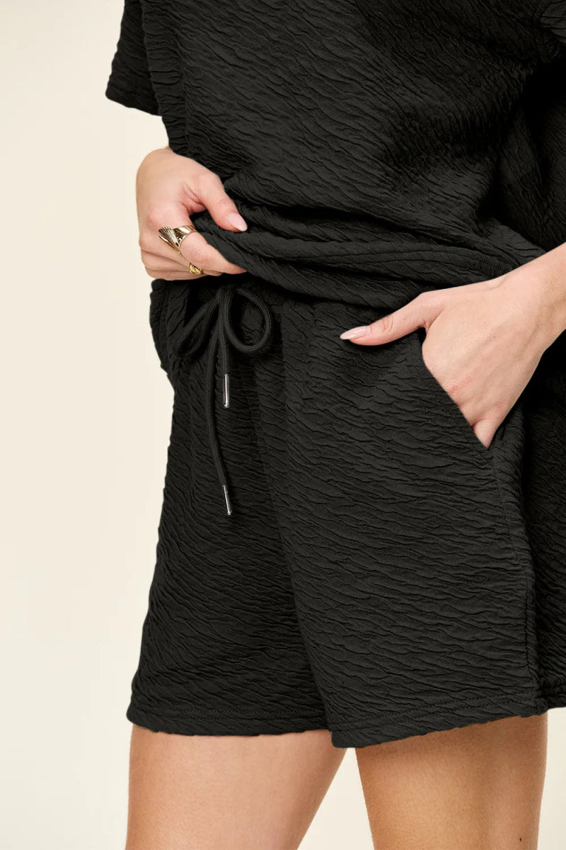 Double Take Full Size Texture Short Sleeve T-Shirt and Drawstring Shorts Set - Demented Sisters