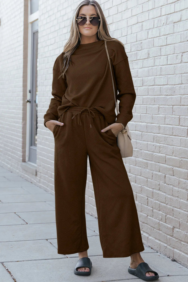 Double Take Full Size Textured Long Sleeve Top and Drawstring Pants Set - Demented Sisters