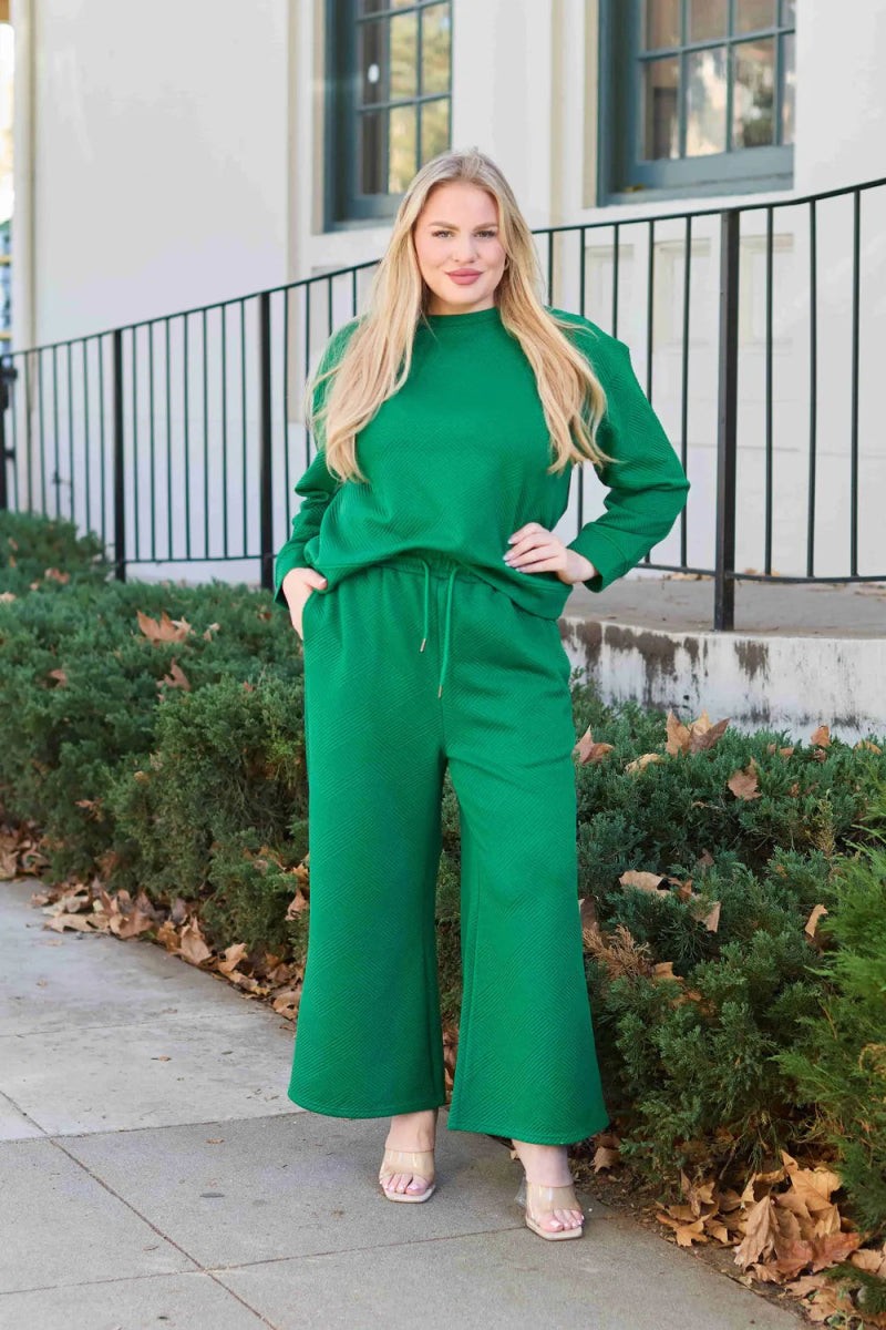 Double Take Full Size Textured Long Sleeve Top and Drawstring Pants Set - Demented Sisters