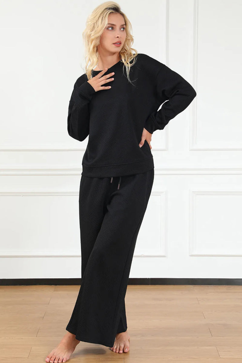 Double Take Full Size Textured Long Sleeve Top and Drawstring Pants Set - Demented Sisters