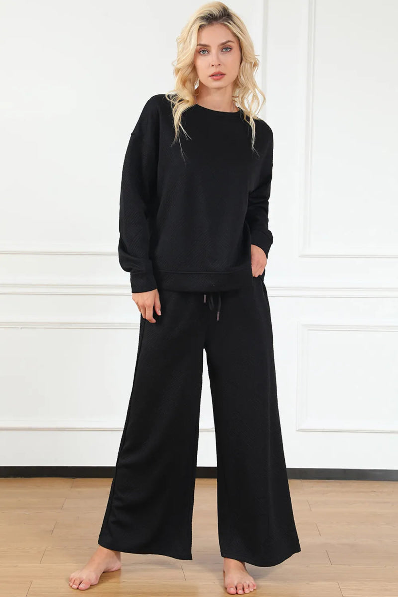 Double Take Full Size Textured Long Sleeve Top and Drawstring Pants Set - Demented Sisters