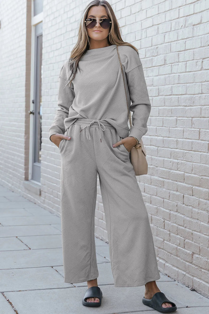 Double Take Full Size Textured Long Sleeve Top and Drawstring Pants Set - Demented Sisters