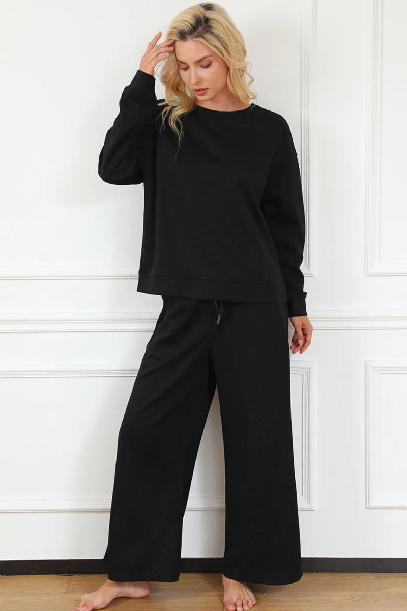 Double Take Full Size Textured Long Sleeve Top and Drawstring Pants Set - Demented Sisters
